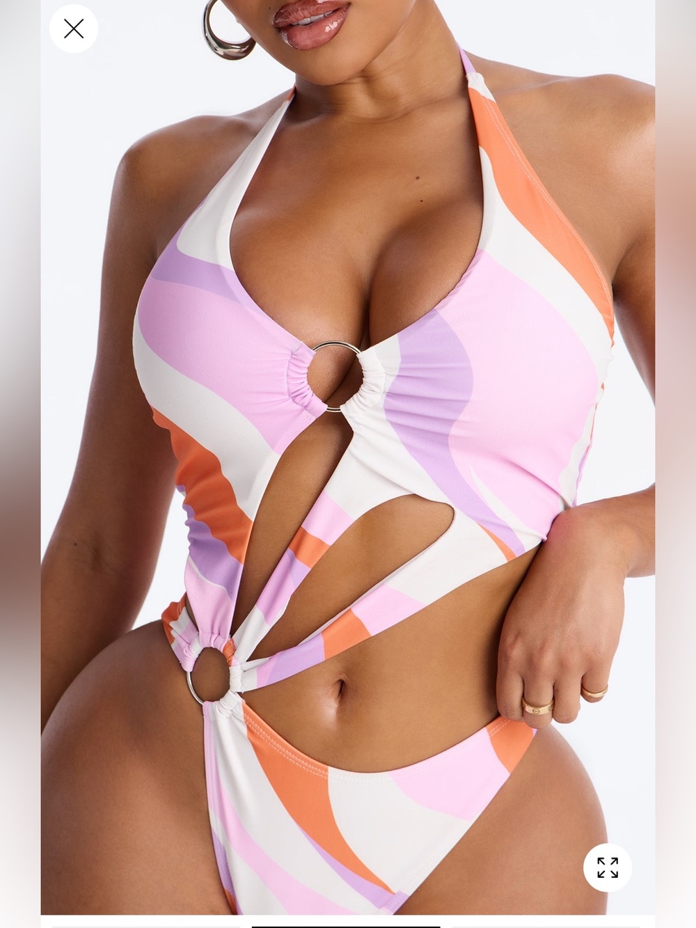 Cuties In Hawaii Abstract O-Rings Cut Out 1 Piece Swimsuit - White/combo
